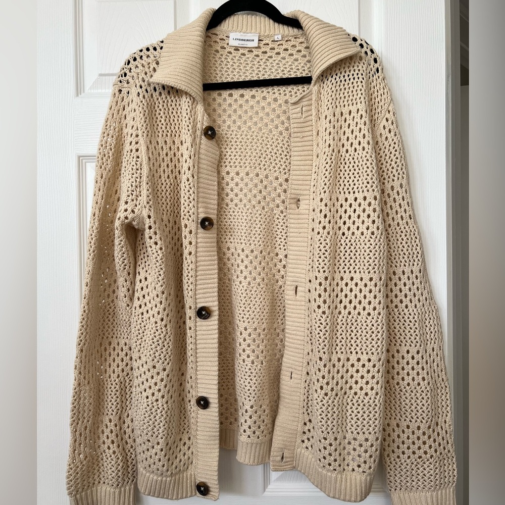 Men’s LINDBERGH Cream Knit Button-Up Cardigan